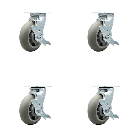 Service Caster 6 Inch Thermoplastic Rubber Swivel Caster Set with Ball Bearings and Brakes SCC SCC-30CS620-TPRBD-TLB-4